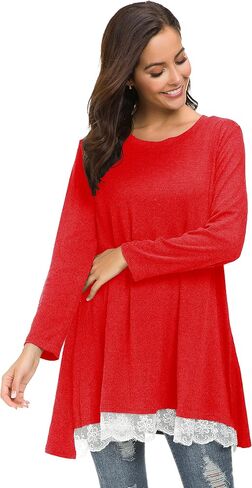 Sinono Women's Casual Lace Long Sleeve A-Line Swing Scoop Neck Tunic Top Blouse in Kuwait