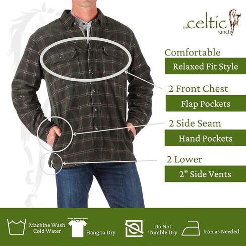 جاكيت قميص رجالي بأكمام طويلة من The Celtic Ranch مبطن بأزرار سفلية من قماش الشيربا مصنوع من أقمشة منقوشة قطنية 100% in Kuwait