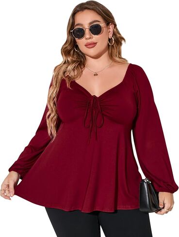 KOJOOIN Women's Plus Size Square Neck Smocked Peplum Tops Long Lantern Sleeve Ruffle Hem Cute Babydoll Blouses in Saudi Arabia