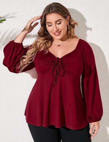 KOJOOIN Women's Plus Size Square Neck Smocked Peplum Tops Long Lantern Sleeve Ruffle Hem Cute Babydoll Blouses in Saudi Arabia