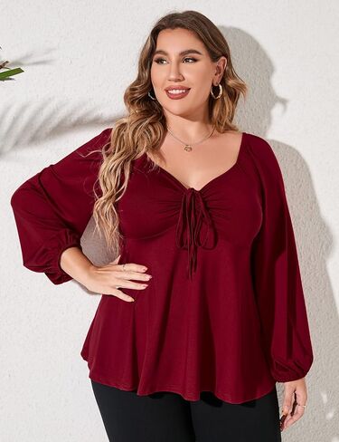 KOJOOIN Women's Plus Size Square Neck Smocked Peplum Tops Long Lantern Sleeve Ruffle Hem Cute Babydoll Blouses in Saudi Arabia