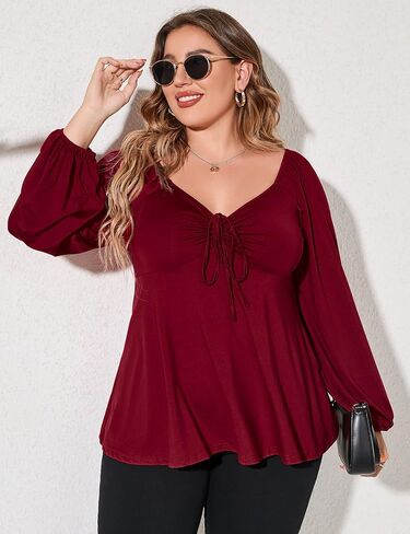 KOJOOIN Women's Plus Size Square Neck Smocked Peplum Tops Long Lantern Sleeve Ruffle Hem Cute Babydoll Blouses in Saudi Arabia