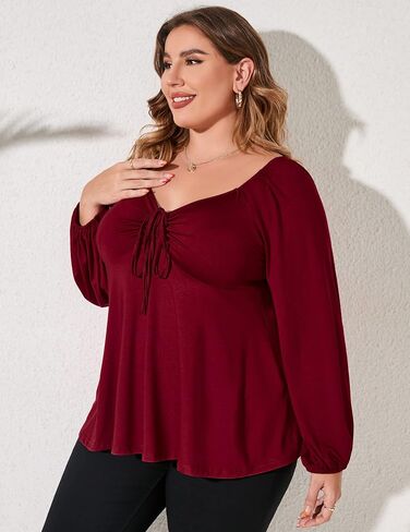 KOJOOIN Women's Plus Size Square Neck Smocked Peplum Tops Long Lantern Sleeve Ruffle Hem Cute Babydoll Blouses in Saudi Arabia