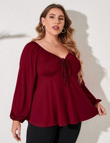 KOJOOIN Women's Plus Size Square Neck Smocked Peplum Tops Long Lantern Sleeve Ruffle Hem Cute Babydoll Blouses in Saudi Arabia