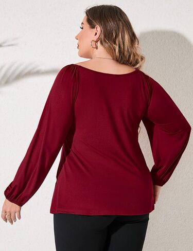 KOJOOIN Women's Plus Size Square Neck Smocked Peplum Tops Long Lantern Sleeve Ruffle Hem Cute Babydoll Blouses in Saudi Arabia