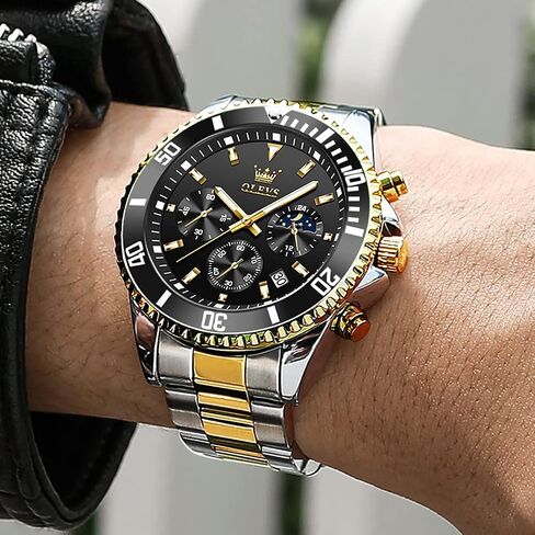 OLEVS Watches for Men Stainless Steel Analog Quartz Chronograph Moon Phase Watch Waterproof Date Luminous Wrist Male Watches,Gift for Men in Saudi Arabia
