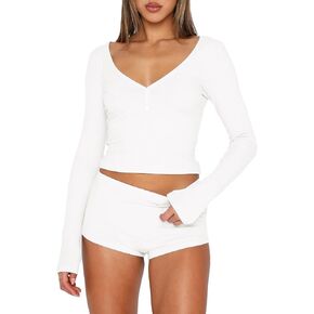 ForeFair Women 2 Piece Ribbed Knit Pajama Set Button Long Sleeve Tops and Shorts Lounge Sweatsuits Y2k Sleepwear PJ Set
