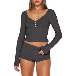 ForeFair Women 2 Piece Ribbed Knit Pajama Set Button Long Sleeve Tops and Shorts Lounge Sweatsuits Y2k Sleepwear PJ Set