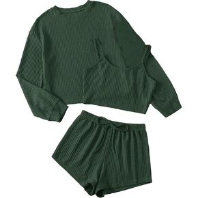 Cozyease Women's 3 Piece Lounge Sets Ribbed Knit Cami Top Long Sleeve Tee Shirts and Shorts Pajama Sets in Kuwait