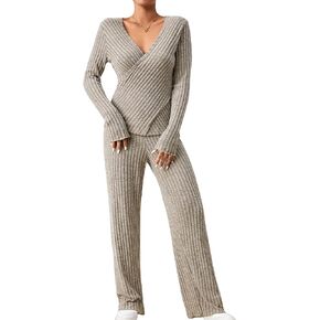 GORGLITTER Women's 2 Piece Outfits Wrap V Neck Long Sleeve Top & Pants Tracksuits in Saudi Arabia
