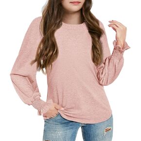 Haloumoning Girls Long Sleeve Shirts Kids Fashion Crew Neck Tunic Tops Blouse 5-14 Years
