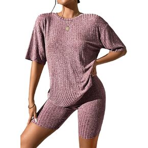 WDIRARA Women's Petite 2 Piece Outfits Ribbed Half Sleeve Tee Top and Biker Shorts Set