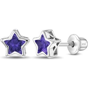 925 Sterling Silver CZ Simulated Birthstone Bezel Set Stars Screw Back Earrings For Toddlers & Little Girls - Sweet Star Shaped Cubic Zirconia Earrings For Girls - Colorful Star Earrings For Preteens in Kuwait