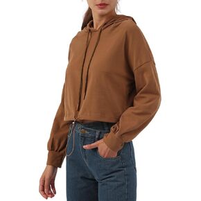 Amazhiyu Womens Pullover Cropped Hoodies Long Sleeve Drawstring Casual Crop Top