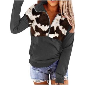 Women's Casual Aztec Cow Print Zipper Collar Pullover Sweatshirt