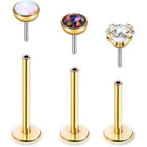 Vegolita 16G 18G 20G 3PCS G23 Titanium Push in Labret Monroe Stud Threadless Lip Ring Opal CZ Nose Stud Pure Titanium for Sensitive Skin Cartilage Helix Tragus Earrings Stud 6MM 8MM 10MM