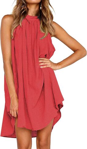 KIRUNDO 2023 Women's Summer Halter Neck Sleeveless Mini Dress Loose Tank Top Pleated Dress Short Beach Dress Sundress in Kuwait