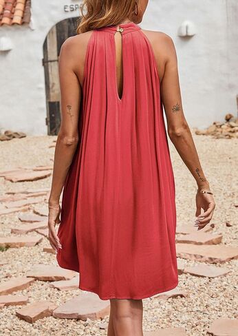 KIRUNDO 2023 Women's Summer Halter Neck Sleeveless Mini Dress Loose Tank Top Pleated Dress Short Beach Dress Sundress in Kuwait