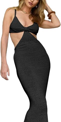 NUFIWI Womens Sexy Knitted Cut Out Spaghetti Strap Long Dresses Halter Neck Backless Maxi Dress Club Party Y2K Streetwear in Kuwait