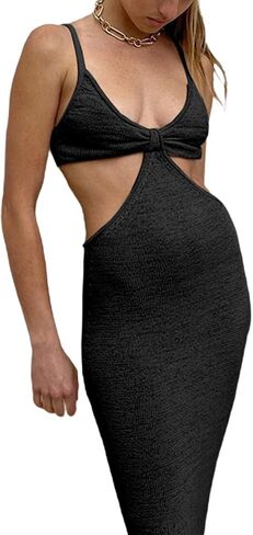 NUFIWI Womens Sexy Knitted Cut Out Spaghetti Strap Long Dresses Halter Neck Backless Maxi Dress Club Party Y2K Streetwear in Kuwait