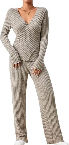 GORGLITTER Women's 2 Piece Outfits Wrap V Neck Long Sleeve Top & Pants Tracksuits in Saudi Arabia