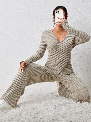 GORGLITTER Women's 2 Piece Outfits Wrap V Neck Long Sleeve Top & Pants Tracksuits in Saudi Arabia