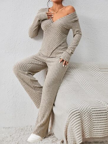 GORGLITTER Women's 2 Piece Outfits Wrap V Neck Long Sleeve Top & Pants Tracksuits in Saudi Arabia