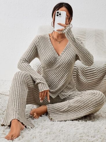 GORGLITTER Women's 2 Piece Outfits Wrap V Neck Long Sleeve Top & Pants Tracksuits in Saudi Arabia