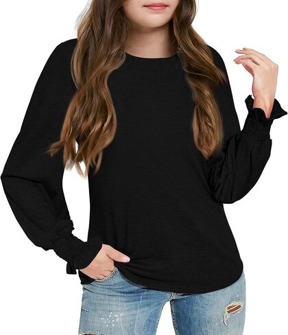 قمصان بأكمام طويلة للفتيات من Haloumoning، بلوزة تونيك بياقة دائرية للأطفال، مناسبة لعمر 5-14 سنة in Kuwait