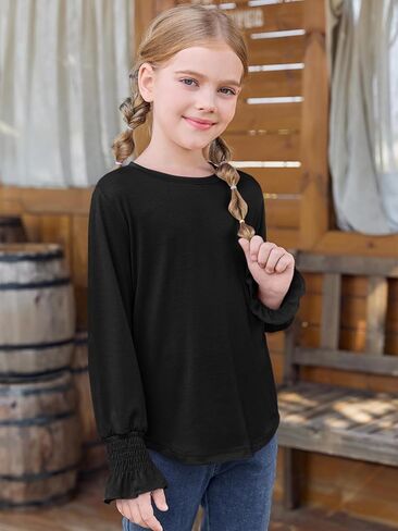 قمصان بأكمام طويلة للفتيات من Haloumoning، بلوزة تونيك بياقة دائرية للأطفال، مناسبة لعمر 5-14 سنة in Kuwait