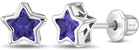925 Sterling Silver CZ Simulated Birthstone Bezel Set Stars Screw Back Earrings For Toddlers & Little Girls - Sweet Star Shaped Cubic Zirconia Earrings For Girls - Colorful Star Earrings For Preteens in Kuwait