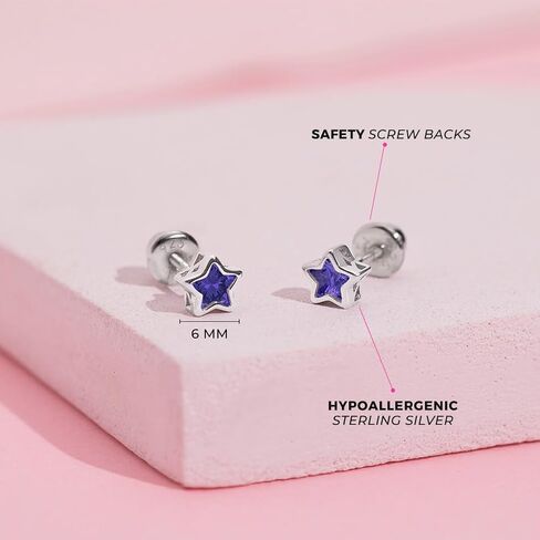 925 Sterling Silver CZ Simulated Birthstone Bezel Set Stars Screw Back Earrings For Toddlers & Little Girls - Sweet Star Shaped Cubic Zirconia Earrings For Girls - Colorful Star Earrings For Preteens in Kuwait