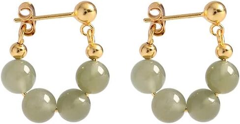 BDRIUOCNE Mid-Autumn Festival Gifts Natural Jade Stud Earrings, Lucky Green Jade 24K Gold Plated Loop Earrings, Dainty Real Jade Charm Pendant Jewelry Studs in Kuwait