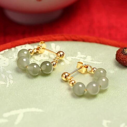 BDRIUOCNE Mid-Autumn Festival Gifts Natural Jade Stud Earrings, Lucky Green Jade 24K Gold Plated Loop Earrings, Dainty Real Jade Charm Pendant Jewelry Studs in Kuwait