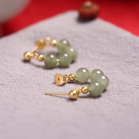 BDRIUOCNE Mid-Autumn Festival Gifts Natural Jade Stud Earrings, Lucky Green Jade 24K Gold Plated Loop Earrings, Dainty Real Jade Charm Pendant Jewelry Studs in Kuwait