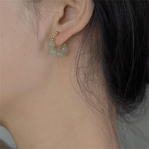 BDRIUOCNE Mid-Autumn Festival Gifts Natural Jade Stud Earrings, Lucky Green Jade 24K Gold Plated Loop Earrings, Dainty Real Jade Charm Pendant Jewelry Studs in Kuwait