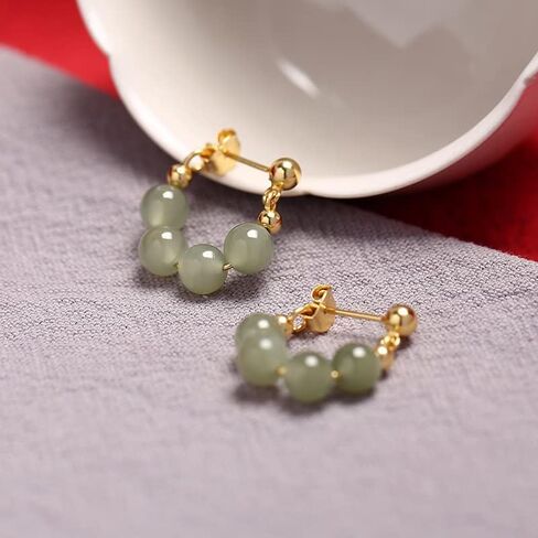 BDRIUOCNE Mid-Autumn Festival Gifts Natural Jade Stud Earrings, Lucky Green Jade 24K Gold Plated Loop Earrings, Dainty Real Jade Charm Pendant Jewelry Studs in Kuwait