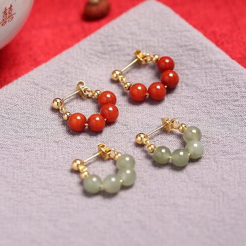 BDRIUOCNE Mid-Autumn Festival Gifts Natural Jade Stud Earrings, Lucky Green Jade 24K Gold Plated Loop Earrings, Dainty Real Jade Charm Pendant Jewelry Studs in Kuwait