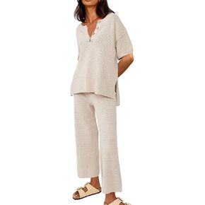 LILLUSORY Womens 2023 Spring Trendy 2 Piece Lounge Sets Cozy Knit Sweater Short Sleeve Slouchy Loungewear Set