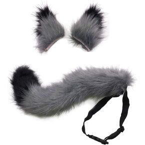 HAOAN Faux Fur Cat Fox Wolf Furry Tail and Clip Ears for Halloween Party Costume Accessories