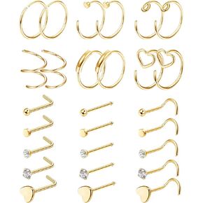 FINREZIO 27PCS 22G Surgical Steel Nose Rings Hoop Nose Studs for Women Men L Shaped Nose Rings Stud Cartilage Earrings Piercing Jewelry