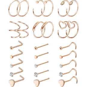 FINREZIO 27PCS 22G Surgical Steel Nose Rings Hoop Nose Studs for Women Men L Shaped Nose Rings Stud Cartilage Earrings Piercing Jewelry