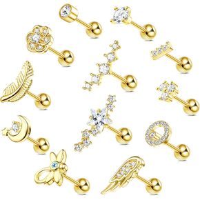 FASACCO 12PCS 18G Stainless Steel Barbell Helix Cartilage Stud Earrings CZ Leaf Dragonfly Flower Wing Moon Star Forward Helix Tragus Daith Conch Piercing Jewelry for Women Men