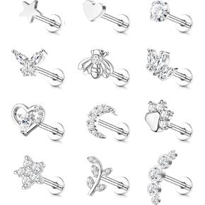 YADOCA 12Pcs 16G Tragus Earrings for Women Flat Back Cartilage Earring Stainless Steel Top Screw CZ Butterfly Bee Flower Moon Heart Flatback Stud Earrings Labret Conch Helix Cartilage Tragus Piercing Jewelry Set