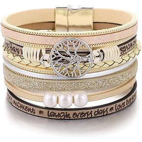 KSQS Tree of Life Leather Multi-Layer Wraps Bracelet,Boho Wide Buckle Wristband Bangle,Braided Cuff Bracelets for Women