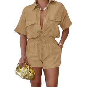 2 Piece Outfits for Women Summer Casual Short Sleeve Button Down Tops Blouses Shirts and Shorts Set with Pockets Romper in Kuwait