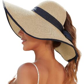 Sun Hats for Women with Ponytail Hole, Wide Brim Beach Hats for Women, Floppy Straw Hat Foldable, Packable Summer Hats Women