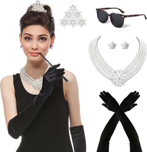 Zivyes Audrey Hepburn Costume Breakfast at Tiffany's Decorations 1920s Accessories Vintage Sunglasses Comb Necklace Earrings in Kuwait