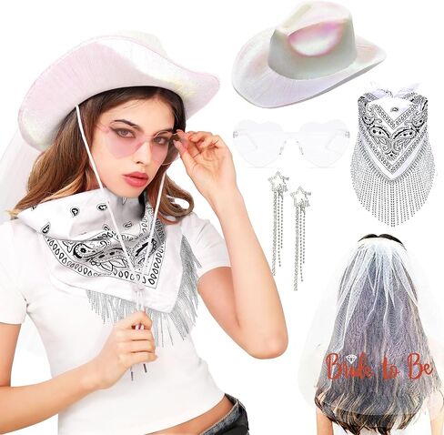 JeVenis Cowgirl Last Disco Bachelorette Party Veil Brides Cowboy Hat Bandana Heart Shape Sunglasses Star Earrings in Saudi Arabia