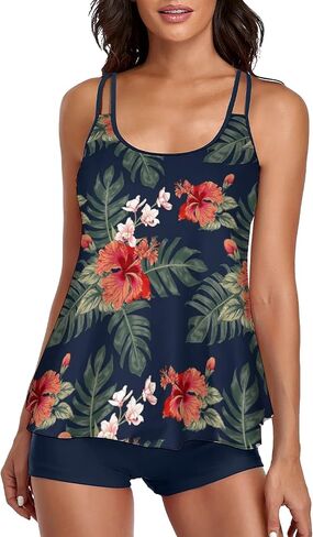 BEOYING Tankini Swimsuit for Women Two Piece Bikini Tummy Control Bathing Suit Tank Top Swimwear with Boyshorts in Saudi Arabia